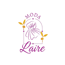 Logo de "Moda Laire" en rosa con dibujo de vestido y hojas doradas a los lados.