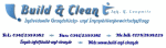 Logo mit "Build & Clean", Kontaktdaten und Website in blauer Schrift auf weißem Hintergrund.