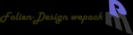 Logo mit dunkelgrünem Schriftzug "Folien-Design wepack" und blau-schwarzem Grafikdetail.