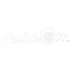 "HealthCove logo with peace sign and heart in the 'o'."