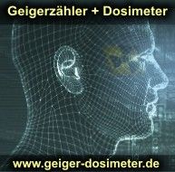 Gittermodell eines menschlichen Kopfes mit Text: "Geigerzähler + Dosimeter", URL unten.