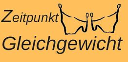 Text "Zeitpunkt Gleichgewicht" auf orangefarbenem Hintergrund mit Schmetterlingsskizze.