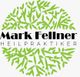 Grünes Blattmuster mit dem Text "Mark Fellner Heilpraktiker" in der Mitte.