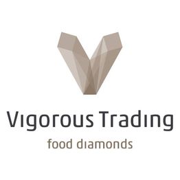 Logo mit stilisiertem V und Text: "Vigorous Trading, food diamonds".