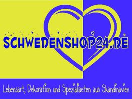 Schwedenshop24.de-Logo in Blau und Gelb mit Herzmotiv, Text über skandinavische Produkte.