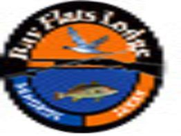 Blurry logo for Bay Flats Lodge with bird and fish on orange and blue background.