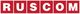 Rote Buchstaben "RUSCOM" auf weißem Hintergrund, jeder Buchstabe in einem eigenen roten Quadrat.