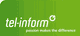 Logo mit der Aufschrift "tel-inform" und Slogan "passion makes the difference" auf grünem Hintergrund.