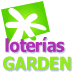 Logo con texto "loterías GARDEN" en colores verde y morado, con diseño floral estilizado.