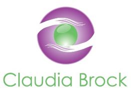 Ein lila Kreis mit einer grünen Kugel, umrahmt von weißen Linien, Text: Claudia Brock.