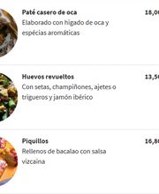 Menú con paté de oca, huevos revueltos y piquillos. Precios: 18€, 13,50€, 16,80€.