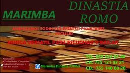 Anuncio de "Marimba Dinastía Romo" para música en eventos, con teléfonos de contacto y redes sociales.