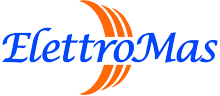 Logo di ElettroMas con testo blu e tre linee curve arancioni a sinistra.