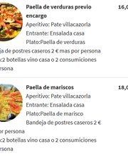 Menú con paella de verduras y mariscos, incluye aperitivo, entrada, postre y bebida. Precios: 16€ y 18€.
