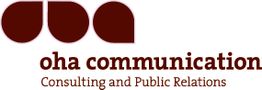 Logo mit Schriftzug "oha communication, Consulting and Public Relations" in Braun und Rot.