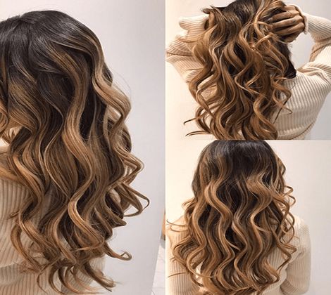 Capelli mossi e lunghi con sfumature bionde. Tre angolazioni diverse.