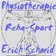 Vitruvianischer Mensch mit Schriftzug: "Physiotherapie, Reha-Sport, Erich Schand" in Blau.