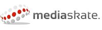 Logo mit schwebenden Kugeln links und Schriftzug "mediaskate" in Grau und Schwarz auf Weiß.