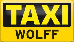 Gelbes und schwarzes Logo mit der Aufschrift "TAXI WOLFF".