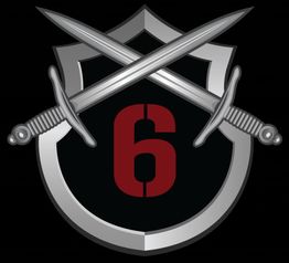 Shield emblem with crossed swords and red number six on a black background.