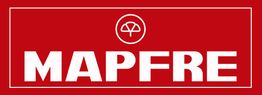 Logo de MAPFRE en fondo rojo con texto y símbolo blanco centrado.