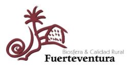 Logo de Fuerteventura con palmera, casa y texto "Biosfera & Calidad Rural Fuerteventura".