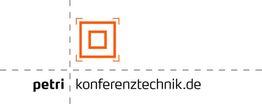 Logo von petri konferenztechnik.de mit orangem Quadrat in der Mitte.
