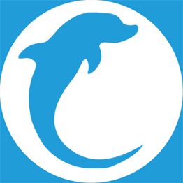 Blaues Delfin-Logo auf weißem Kreis und blauem Hintergrund.