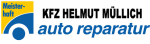 Logo von "KFZ Helmut Müllich auto reparatur" mit blauem und gelbem Design, Schriftzug in Schwarz.