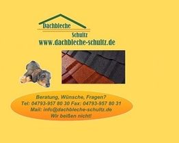 Gelbes Werbebild für Dachbleche mit Welpen, Kontaktinfos: Telefon, Fax, Webseite und E-Mail.