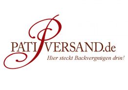 Logo von Pati-Versand.de mit dem Slogan "Hier steckt Backvergnügen drin!" in roter Schrift.