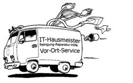 Lieferwagen mit Schriftzug "IT-Hausmeister", beladen mit Werkzeugen auf dem Dach.