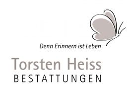 Logo mit Schmetterling, Text: "Denn Erinnern ist Leben - Torsten Heiss Bestattungen".