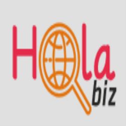 Logo with "Hola biz," featuring a globe in an orange magnifying glass.