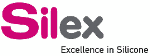 Logo mit dem Schriftzug "Silex" und dem Slogan "Excellence in Silicone" in pink und grau.