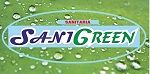 Logo "SaniGreen" su sfondo verde con gocce d'acqua.