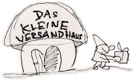 Ein kleiner Zwerg bringt ein Geschenk zu einem pilzförmigen Haus mit der Aufschrift "Das kleine Versandhaus".