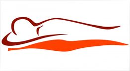 Abstrakte Zeichnung einer liegenden Person auf roter Fläche, in minimalistischen Linien dargestellt.