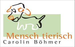 Strichzeichnungs-Hund auf grünem Hintergrund, Text: "Mensch tierisch Carolin Böhmer".