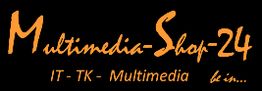 Schwarzes Logo mit orangefarbener Aufschrift: "Multimedia-Shop-24 - IT - TK - Multimedia be in..."