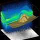 Rappresentazione 3D di dati geologici, con colori blu, verde e marrone, su sfondo nero.