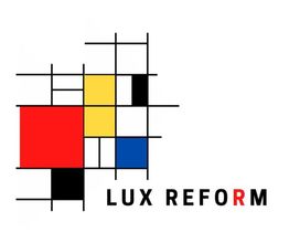 Logotipo abstracto con cuadrados de colores y líneas negras; texto: "LUX REFORM".