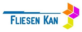 "Fliesen Kan Logo mit bunten Fliesen und blauem Schriftzug."