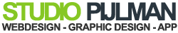Logo van "STUDIO PULMAN" met tekst voor webdesign, grafisch ontwerp en apps.