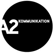 Schwarzes Logo mit weißem Text: "A2 KOMMUNIKATION".