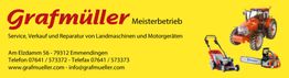 Grafmüller-Werbung: Verkauf/Reparatur von Landmaschinen, Motogeräten. Traktor, Rasenmäher, Kettensäge.