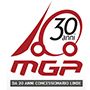 Logo MGA 30 anni, concessionario Linde, con grafica rossa di carrello elevatore.