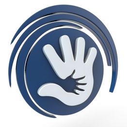 Abstraktes Logo: Zwei Hände, klein und groß, in einem blauen Kreis mit Bögen darüber.