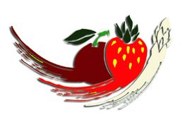 Stilisiertes Bild von einem Apfel, einer Erdbeere und einem Spargel auf abstraktem Hintergrund.