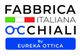 Logo "Fabbrica Italiana Occhiali" con bandiera italiana e scritta "By Eureka Ottica" in blu.